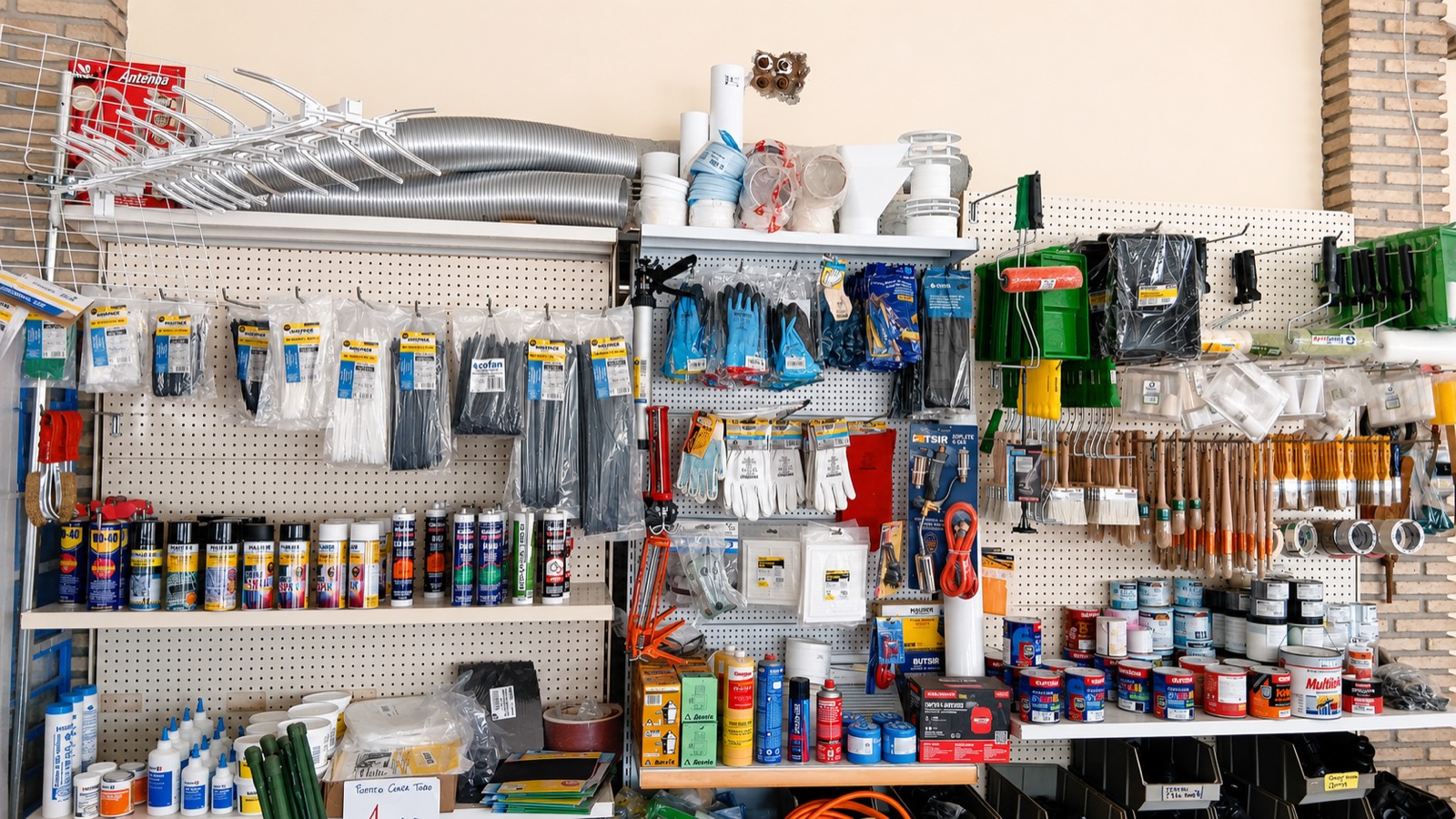 Pintura, espráis, WD-40, bridas, brochas y droguería